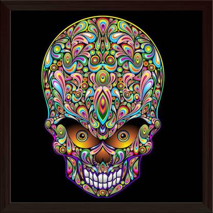 Artzfolio Psychedelic Skull Pop Art Design Canvas Painting Dark Brown Frame 24x24inch Canvas 24 inch x 24 inch Painting