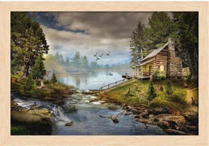 House In The The Forest By The Creek Painting Natural Brown Frame 23.6x16inch Canvas 16 inch x 23.6 inch Painting