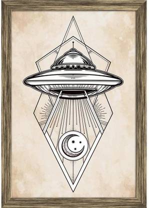 Artzfolio Alien Spaceship Canvas Painting Antique Golden Frame 16x23.5inch (41x60cms) Canvas 23.5 inch x 16 inch Painting