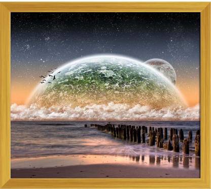 Artzfolio Planet Landscape View From A Beautiful Beach Painting Golden Frame 22.8x20inch Canvas 20 inch x 22.8 inch Painting