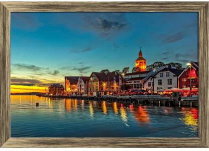 Artzfolio Stavanger At Night Norway Canvas Painting Antique Golden Frame 20.5x14inch Canvas 14 inch x 20.5 inch Painting