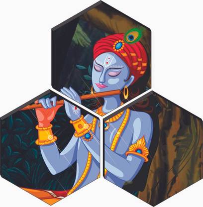 saf Set of 3 Hexagon Krishna Flute Playing UV Textured Painting Pack of 3
