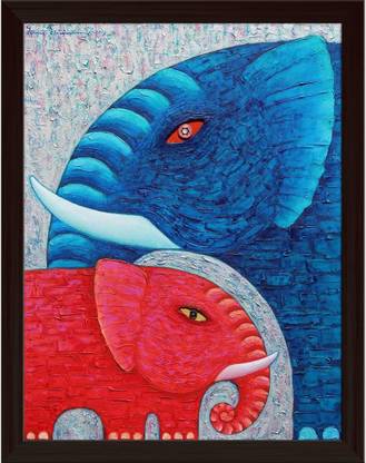Artzfolio Red & Blue Elephant Canvas Painting Dark Brown Frame 18x23.3inch (46x59cms) Canvas 23.3 inch x 18 inch Painting