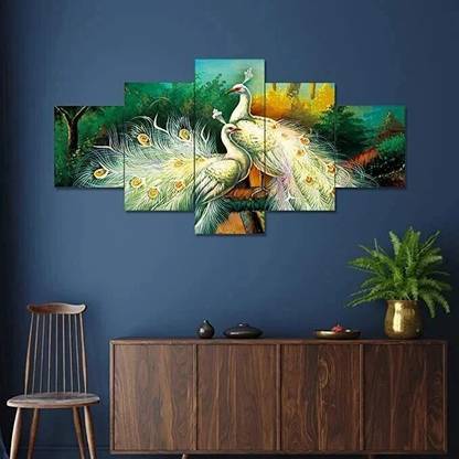 Art RJ14 white peacock painting with Wooden Frame for Wall Decoration Digital Reprint 17 inch x 30 inch Painting