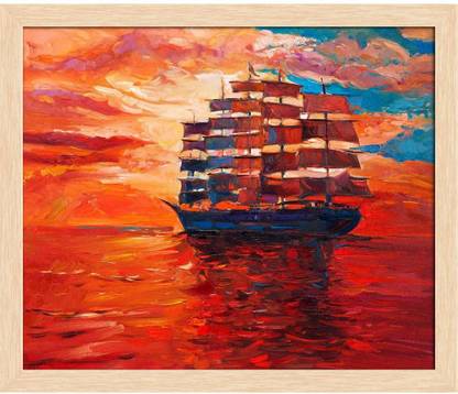 Artzfolio Artwork Of Sailing Frigate Or Ship And Sea Framed Wall Art Painting Print Canvas 12 inch x 14 inch Painting