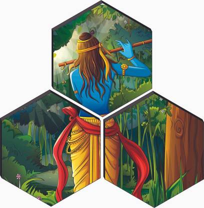 saf Set of 3 Hexagon Krishna Flute Playing UV Textured Painting Pack of 3