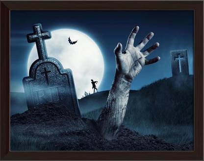 Artzfolio Zombie Hand Coming Out Of His Grave Canvas Painting Dark Brown Frame 23.2x18inch Canvas 18 inch x 23.2 inch Painting