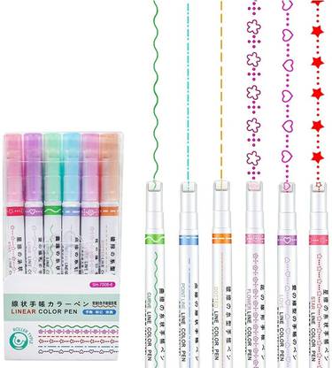 Whisq Linear Roller 6 Color Pens Highlighters with 6 Different Curve Shapes Superfine Nib Sketch Pens