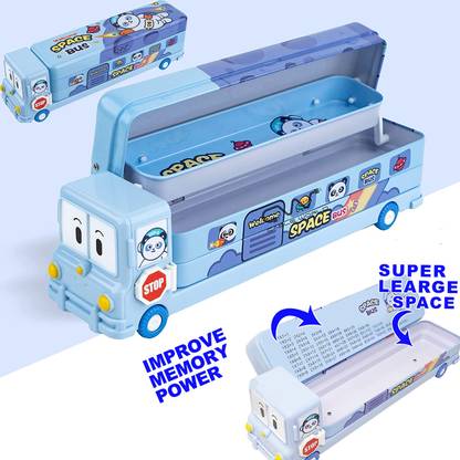 Plus Shine Double Compartment Pencil Box with Wheel Stylish School Bus Shape Geometry Box