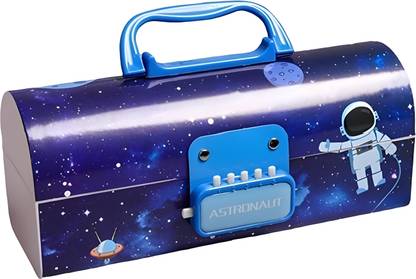 vvn Trandy Blue Space-Themed Design Password Code Lock Multi-Layer Compartments Suitcase Style Design Password Lock Cartoon Art Durable Plastic Construction Art Plastic Pencil Box