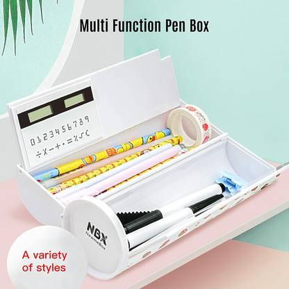 Viradiya's Compass box with Mirror, Calculator, Erasable Board and Large Storage-multicolor Compass box with Mirror, Calculator, Erasable Board and Large Storage-multicolor Art Plastic Pencil Box