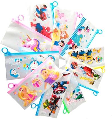 Furnish Marts Transparent Pencil Pouch set for kids party pack mix design return gift cartoon Art Plastic Pencil Boxes
