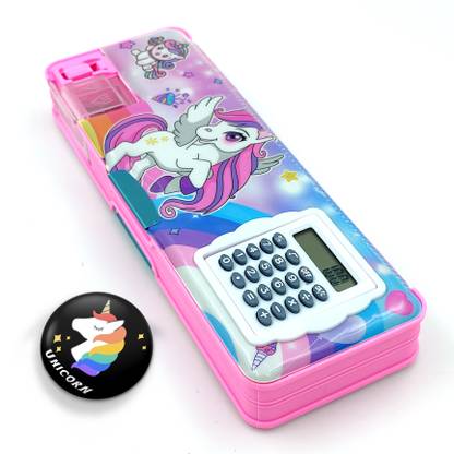 ZAYDANIC Unicorn Designed Pencil Box Inbuild Calculator, Sharpener With Badge Unicorn Designed Art Plastic Pencil Box