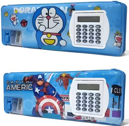 vvn Combo Pack Magnetic Closure Built-in Calculator Integrated Sharpener Cartoon Printed Design Spacious Interior Perfect for Gifting Art Plastic Pencil Box