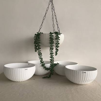 DAZZLE AGRI DAZZLE AGRI 7" Attractive woven design beautiful round hanging flower plastic pots with heavy metal chain pots combo high quality designer pots rattan hanging basket euro hanging basket pots & planters indoor pots interior design decoration pots outdoor pots landscape design lawn development gardening hanging flower pots beautiful round nursery gamla flower hanging pot for gardening pots for home garden balcony hanging pots porch pots and planters kitchen gardening terrace garden pots office decor table top pots desk decor plant container set white color plastic pots (pack of 5) Plant Container Set