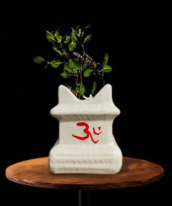 sharma Tulsi Design White Small Ceramic Pot with swastika For Pooja Plant Container Set
