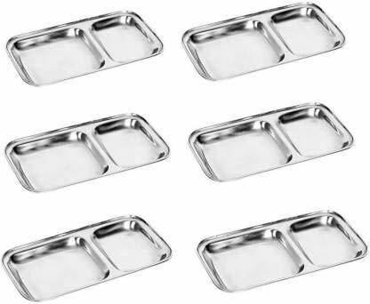 Dynore Stainless Steel 2 IN 1 Two Compartment Nasta/Dinner Plate- Set of 6 Sectioned Plate