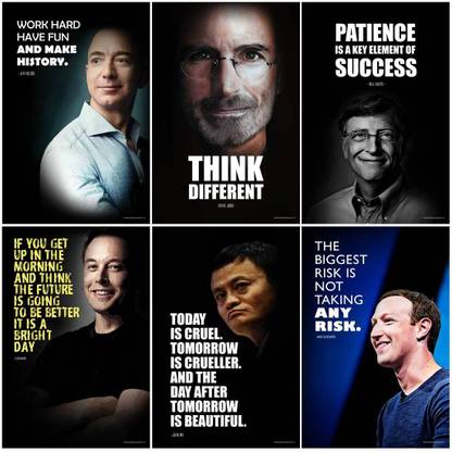 Motivational Wall Posters and Inspirational Quotes for Office, Home and gym, (Steve Jobs, Bill Gates, Elon Musk,Jack Ma, Mark Zuckerberg, Jeff Bezos) Pack of 06 Paper Print