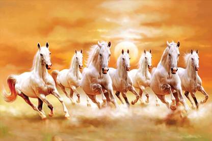 ''vastu Poster'' White 7 Horse vastu Painting, Wall Sticker, Wall Painting, Washable Vinyl Sticker Poster, Natural Sticker, Home Decor, Office Decor Photo, Wallpaper Paper Print (12 inch X 18 inch, rolled) Fine Art Print