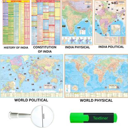 (COMBO OF 6 MAPS/CHARTS WITH COMPLIMENTARY HIGHLIGHTER & MAGNIFYING GLASS) INDIAN Constitution Map & History of India Map With India & World Map (Both Political & Physical), Set Of 6, Map Size (28 * 40 Inch) (23 * 36 Inch), Paper Print, Complimentary Highlighter & Magnifying Glass, Best Useful for UPSC, SSC, IES and other Competitive Exams. (All English Maps) Paper Print. Paper Print