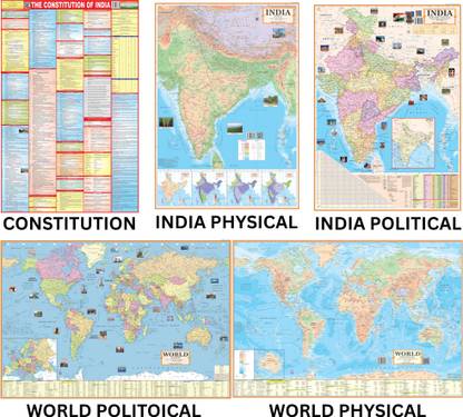 (COMBO OF 5 MAPS/CHARTS) INDIAN Constitution of India Chart With India & World Map (Both Political & Physical), Set Of 5, Map Size (28 * 40 Inch) (23 * 36 Inch), Paper Print, Best Useful for UPSC, SSC, IES and other Competitive Exams. (All English Maps) Paper Print. Paper Print