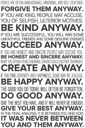 Mother Teresa Do It Anyway Quote Poster Art | Inspirational Posters For Room Paper Print