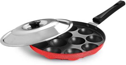 BIGWIN 12 Cavities Non Stick AppamPatra with Lid and Singal Handle/AppamPan/AppamMaker Paniarakkal with Lid 1.5 L capacity 24 cm diameter