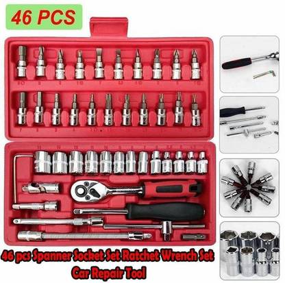 5SUPREME Box 46 in 1 Pcs Tool Kit Metric Drive Socket Set, Drive Socket Tool Box7 Long Handle Screwdriver Set