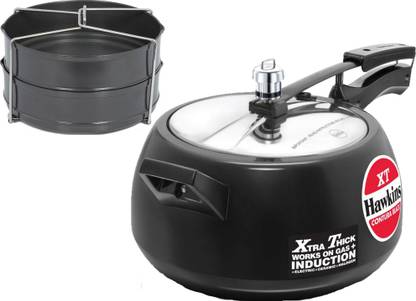 Hawkins Contura Black XT 5 Ltr Pressure Cooker With Hard Anodised 2 Pc Separater Cooker Dabba and Stand 5 L Inner Lid Induction Bottom Pressure Cooker