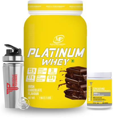 Muscle Performance Platinum Whey Protein Irish Chocolate ( 1Kg )(250g Creatine Powder&Steel Shaker) Whey Protein
