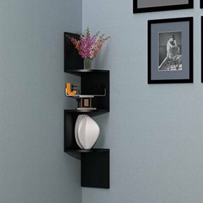 Exreme wood new zig zag corner wall shelf Wooden Wall Shelf (Number of Shelves - 3, Black) Wooden Wall Shelf