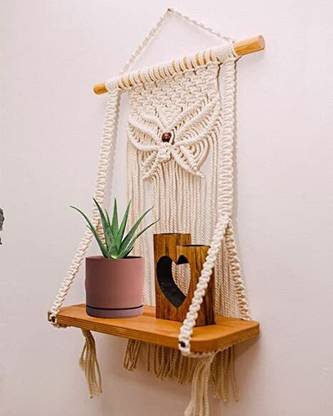 RAKANO Macrame wall Hanging Decor Shelf with Handmade Wooden Wall Shelf