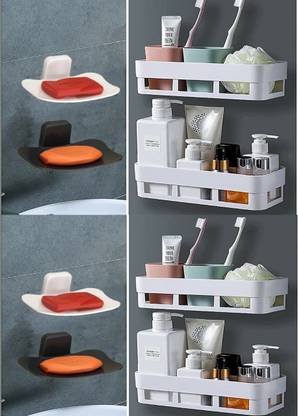 Qrex Bathroom Shelf Storage Rack And Curve Soap Stand With Sticker Plastic Bathroom Set