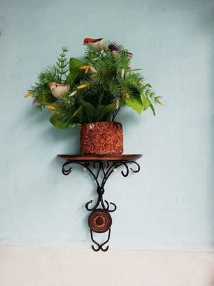 sunenterprises Wall Shelf Wooden & Wrought Iron Wall Bracket for Flower Pot Stand Wooden, Iron Wall Shelf