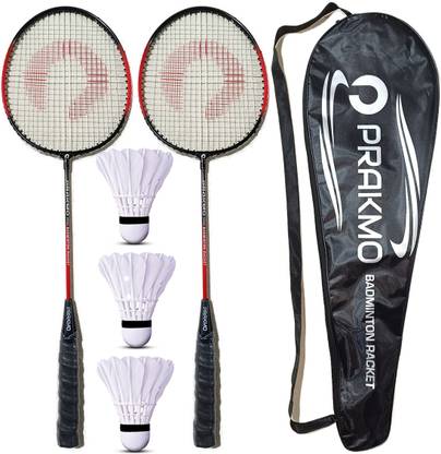 PRAKMO Badminton Rackets Pack of 2 with Cover And 3 Shuttle Red-Black Strung Badminton Kit