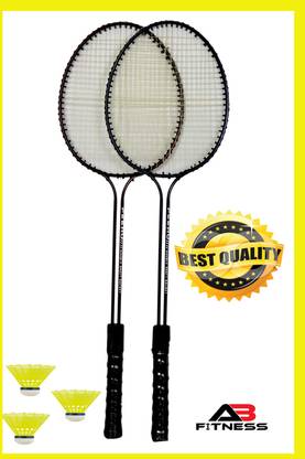 AB FITNESS Double Shaft Badminton Racket Set of 2 Piece with 3 Piece Nylon Shuttles Black Strung Badminton Racquet