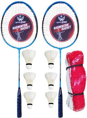 SPO ज़ोन Badminton Kit Combo Set Of 2 Piece Racquet With 6 Piece Cock With Net बैडमिंटन किट