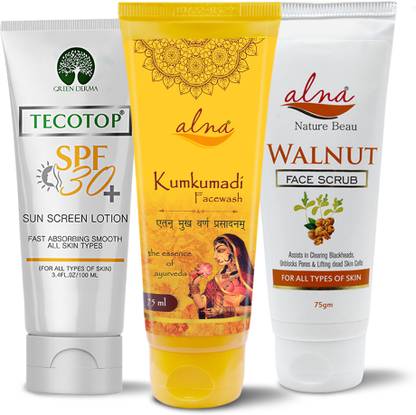 ALNA Tecotop Spf 30 + Kumkumadi + Walnut Scrub | For Clear & Glowing Skin | Face Wash