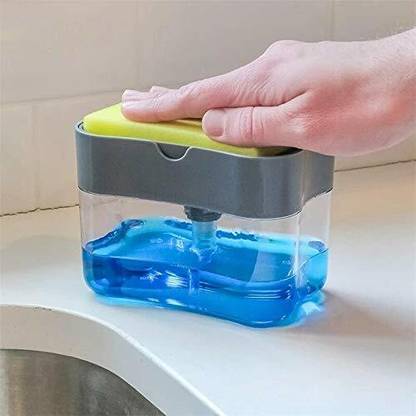 TechHark 2 in 1 Soap Pump Plastic Dispenser for Dishwasher Liquid; Holder (Random Color; Standard; 385ml) Free Sponge Scrub Pad Scrub Pad
