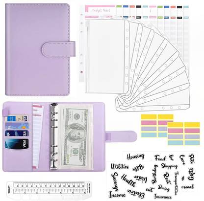 ELIE INDIA Cash Envelope Binder Organizer with Budget Sheets and Card Slots - Purple A6 PU Binder Budget Planner with Zipper Pockets, Stickers & Labels Set 1-Part A6 Binder Budget Notebook