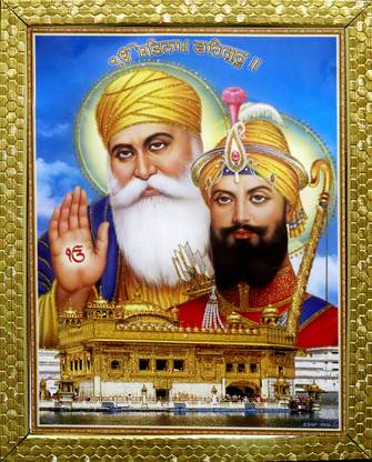 anagha UV Film Golden Glitter Guru Nanak Dev and Gobind Singh ji With Golden Temple Religious Frame