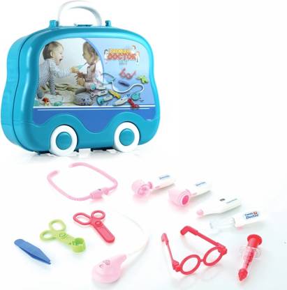 अदिति टॉयज़ Premium Doctor Set Suitcase LED Light Instruments, Dr Kit 10 Piece (Pink)