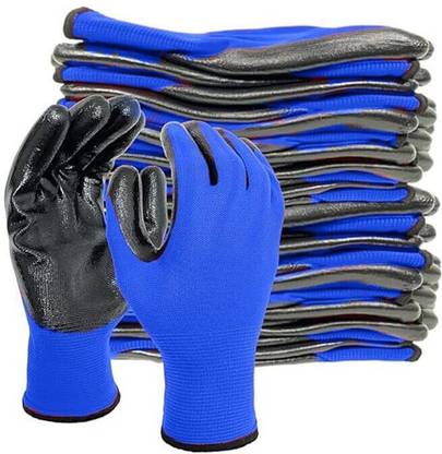 tick mark Blue Black 2Pair Nylon Safety Gloves For Grading, Machinal, Anti Cut Nylon  Safety Gloves