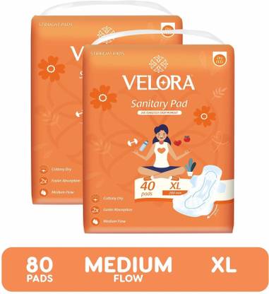 VELORA Dry Feel XL 80 Pads Straight Sanitary Pads for Women & Girl (40 Pads each-280MM) Sanitary Pad