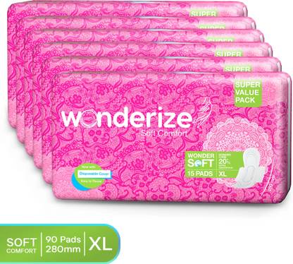 Wonderize Soft Comfort Extra Absorption XL Sanitary Napkins - 90 Pads with Uniquely Shaped Flaps & Soft Cover, Combo Pack Sanitary Pad