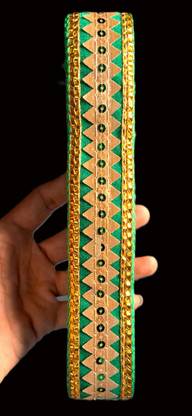 KUNJENTERPRISEE lace green vase 2 samosa ni line vase satari 4.cm 9mtr Lace Saree Falls