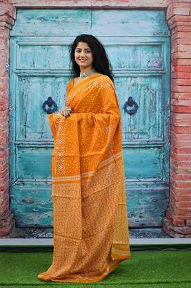 Blocked Printed, Color Block, Dyed, Floral Print, Printed Daily Wear Pure Cotton Saree