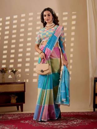 Geometric Print Daily Wear Linen Saree