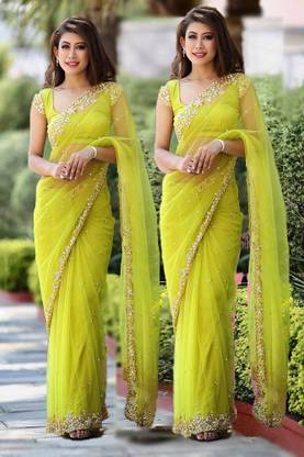 Sahaj Creation Embroidered Fashion Net, Nylon Saree with Unstitched Blouse