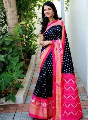 HARSHIV ENTERPRISE Printed Ikkat Cotton Blend Saree with Unstitched Blouse